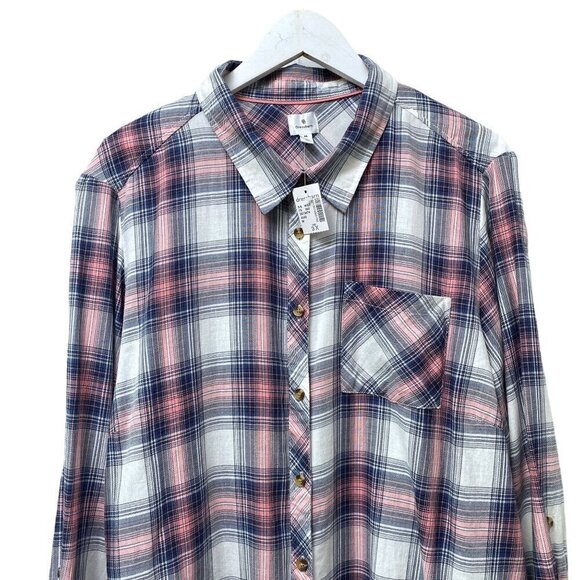 DRESSBARN Plaid Shirt Plus Size 3X Cotton Blue Pink Long Sleeve Button Up NWT - Picture 3 of 10